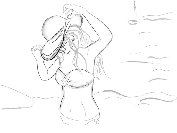 Женщина Пляже Шляпе Векторной Линии Искусства — стоковый вектор