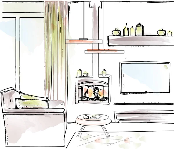 リビングルーム現代的なデザインベクトルラインアート — ストックベクタ