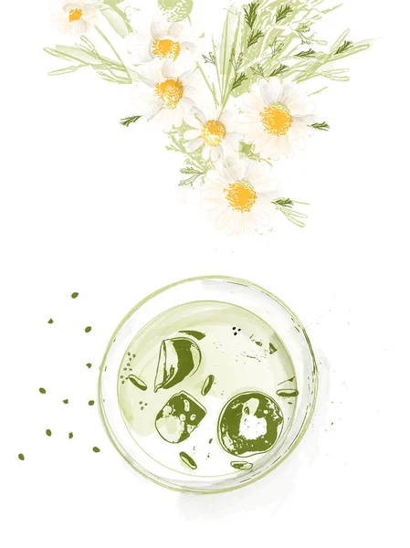 Matcha Boisson Avec Glace Bouquet Camomille Vecteur Aquarelle Vue Dessus — Image vectorielle