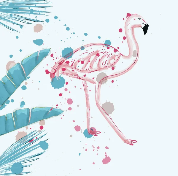 Flamingo Exótico Vector Fondo Acuarela Azul Salpicadura — Vector de stock