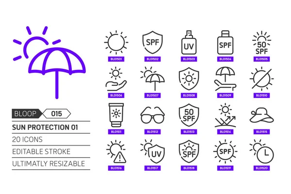 Sun Protection Related Pixel Perfect Editable Stroke Scalable Line Zestaw — Wektor stockowy