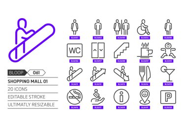 Shopping mall 01 related, pixel perfect, editable stroke, up scalable, line, vector bloop icon set. 