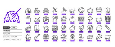 Farming related, pixel perfect, editable stroke, up scalable, line, vector bloop icon set. 