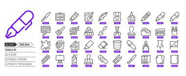 Tools related, pixel perfect, editable stroke, up scalable, line, vector bloop icon set.