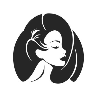 Black and white logo depicting a stylish and elegant girl. Minimalist style with clean lines and a simple yet effective design.