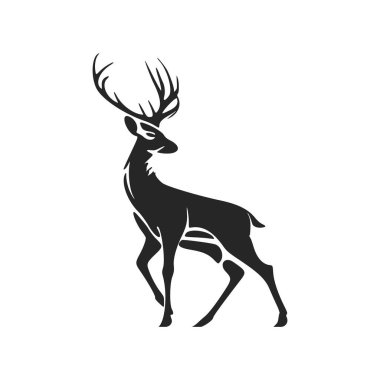 Stylish black and white vector logo design featuring a deer with big antlers.