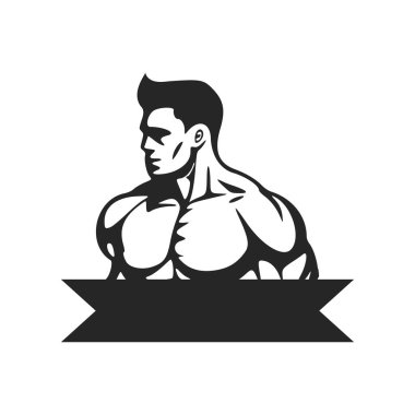 Elegant black and white logo with the image of a Muscled man. Good for the gym.