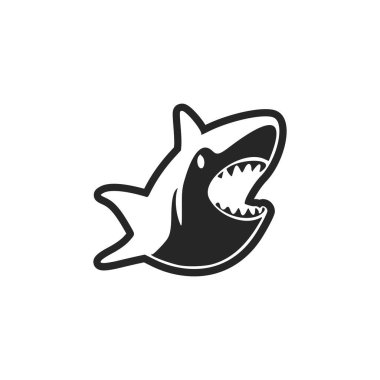 Black and white basic logo with a cute cheerful shark.