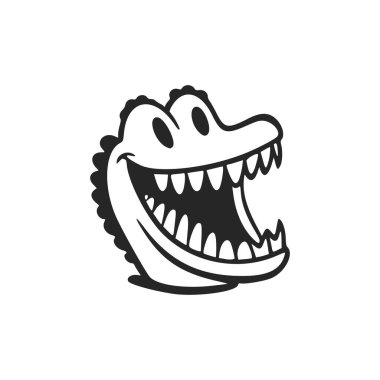 Black and white Simple logo with Lovely Cheerful crocodile.