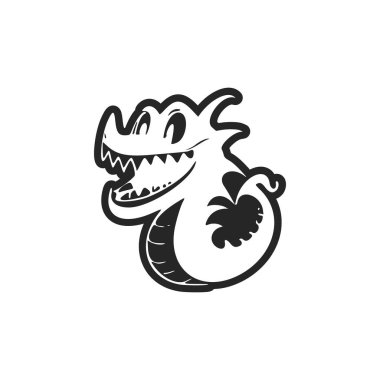 Black and white basic logo with an aesthetic cheerful crocodile.