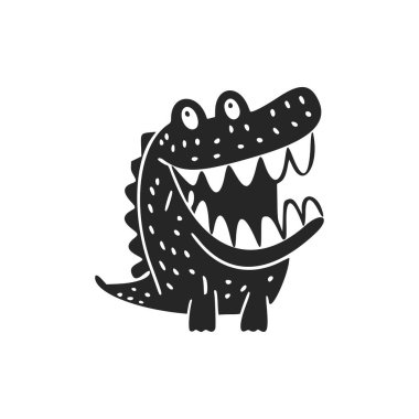Black and white basic logo with an adorable Cheerful crocodile.