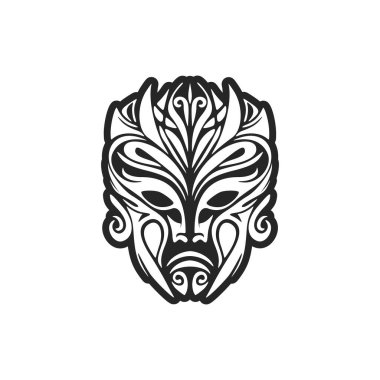 Siyah beyaz bir Polinezya maskesinin vektör çizimi..