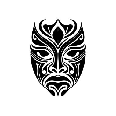 Siyah beyaz bir Polinezya maskesinin vektör çizimi.