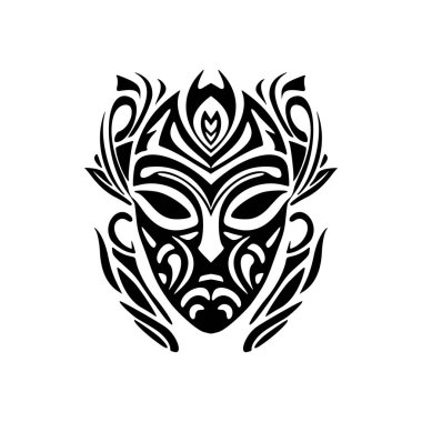 Siyah beyaz bir Polinezya maskesinin vektör çizimi