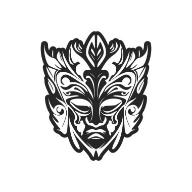 Polinezya sanatından esinlenilmiş bir maske dövmesi çizimi.