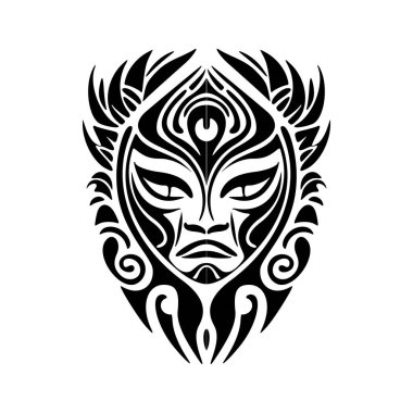 Polinezya maskeli dövme tasarımının iki renkli vektör çizimi.