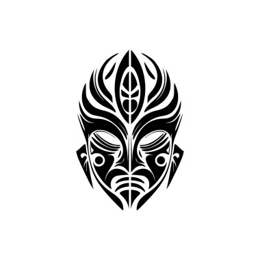 Bir Polinezya tanrı maskesi vektör dövmesi çizimi, siyah ve beyaz.