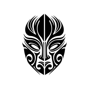 Siyah beyaz bir Polinezya tanrı maskesinin vektör dövmesi..