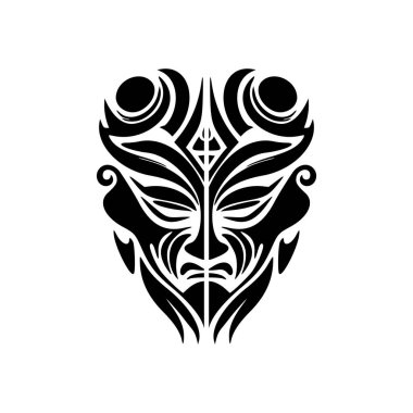 Siyah beyaz Polinezya tanrı maskesi dövmesinin vektör çizimi.