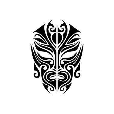 Siyah-beyaz Polinezya tanrı maskesi vektör dövmesi çizimi.