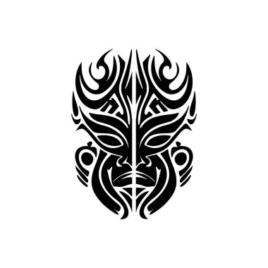 Siyah-beyaz Polinezya tanrı maskesi vektör dövmesi çizimi.