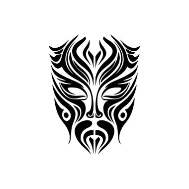 Siyah beyaz bir Polinezya tanrı maskesinin vektör dövmesi..