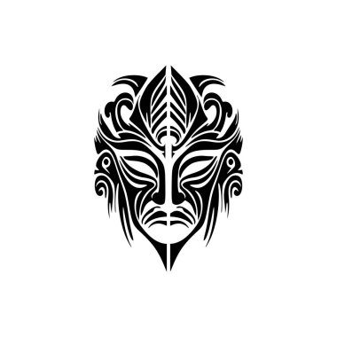 Siyah-beyaz Polinezya tanrı maskesi vektör dövmesi çizimi.