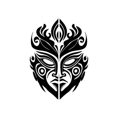 Polinezya tanrı maskesinin vektör dövmesi. siyah ve beyaz çizim.