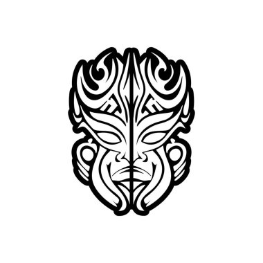 Siyah beyaz bir Polinezya tanrı maskesinin vektör dövmesi.