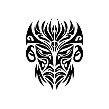 Siyah-beyaz Polinezya tanrı maskesi vektör dövmesi çizimi.