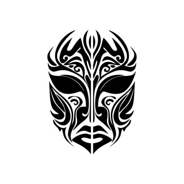 Siyah beyaz Polinezya tanrı maskesi dövmesinin vektör çizimi.