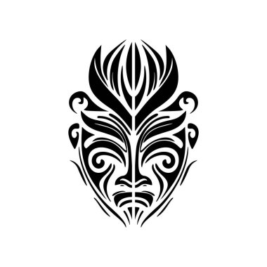 Siyah beyaz bir Polinezya tanrı maskesinin vektör dövmesi..