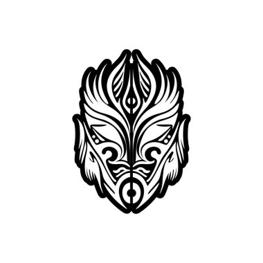 Siyah beyaz bir Polinezya tanrı maskesinin vektör dövmesi..