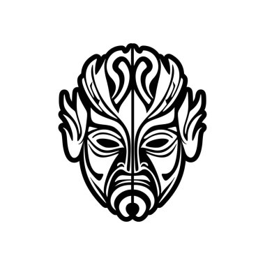 Dövme için siyah beyaz bir Polinezya tanrı maskesinin vektör çizimleri.