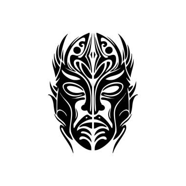 Siyah beyaz Polinezya tanrı maskesinin vektör dövmesi.