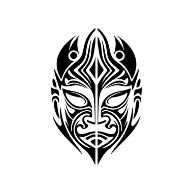 Siyah-beyaz Polinezya tanrı maskesi vektör dövmesi çizimi.