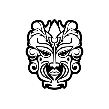 Klasik siyah-beyaz Polinezya tanrı maskesi vektör dövmesi çizimi.