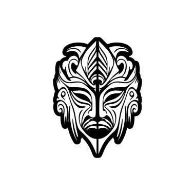 Siyah beyaz bir Polinezya tanrı maskesinin vektör dövmesi..
