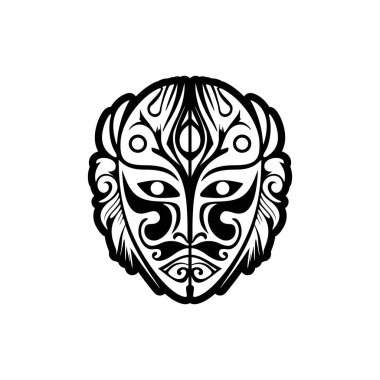 Siyah ve beyaz bir Polinezya tanrısı maskesinin vektör formunda dövmesi..