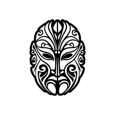 Siyah-beyaz Polinezya tanrı maskesi vektör dövmesi çizimi.