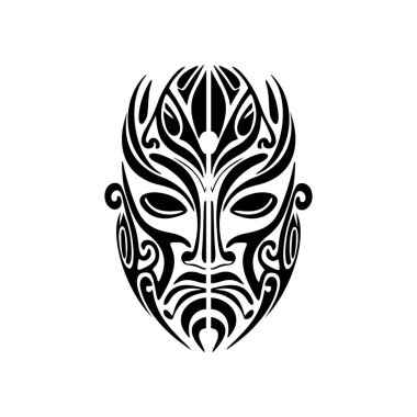 Siyah-beyaz Polinezya tanrı maskesi vektör dövmesi çizimi.