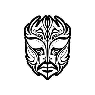 Polinezya tanrısının siyah beyaz maskesinin vektör dövmesi çizimi..