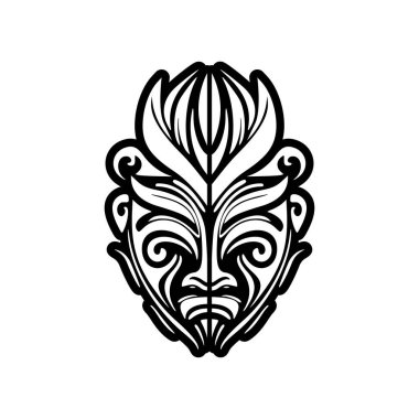 Siyah beyaz bir Polinezya tanrı maskesinin vektör çizimi. Dövme tasarımı için ideal.