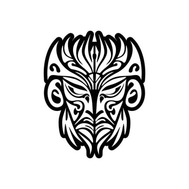 Siyah-beyaz Polinezya tanrı maskesi dövmesinin vektör çizimi.