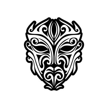 Polinezya tanrı maskesi vektör çizimi. BandW dövme biçimi