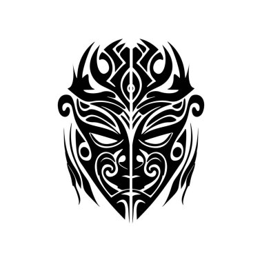 Polinezya tanrı maskesinin vektör dövmesi çizimi. siyah ve beyaz.