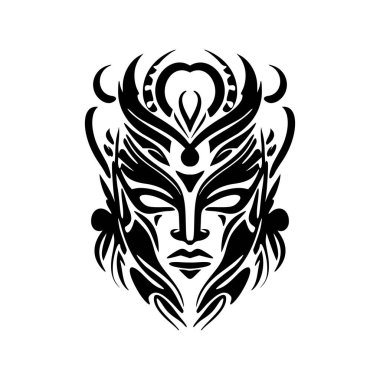 .Siyah beyaz çizilmiş Polinezya tanrısı maskesinin vektör dövmesi..