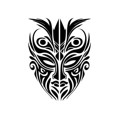 Siyah-beyaz Polinezya tanrı maskesi vektör dövmesi çizimi.