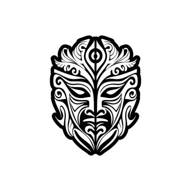 Polinezya tanrısı maskesinin siyah beyaz vektör dövmesi..