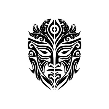Siyah beyaz bir Polinezya tanrı maskesi çizimi..
